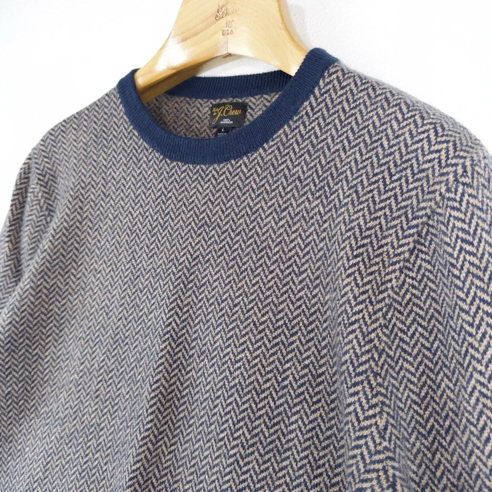 J.Crew 100% Cashmere Herringbone Jacquard Crewneck Sweater Men's Large Blue Tan
